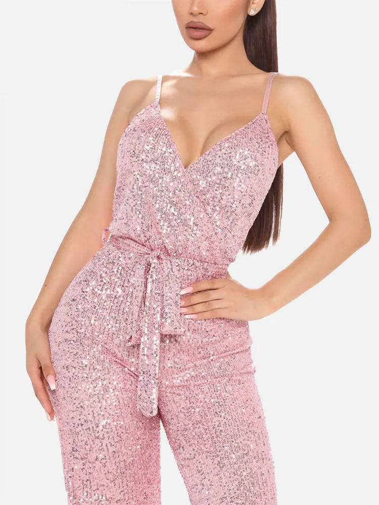 Sequin Sleeveless Belted Jumpsuit