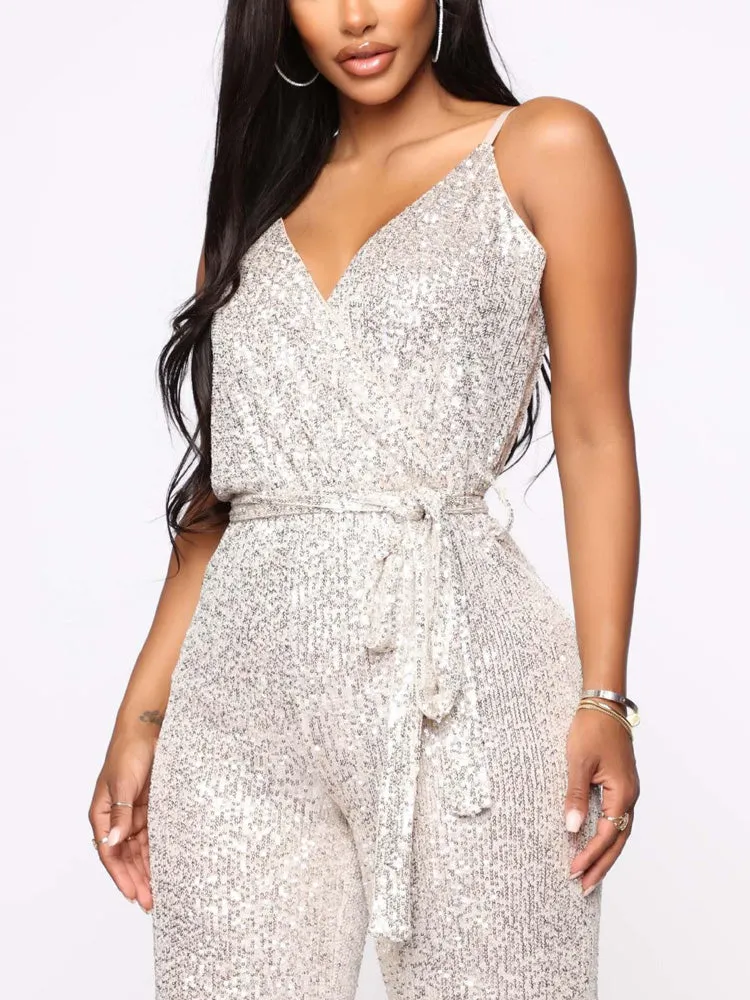 Sequin Sleeveless Belted Jumpsuit