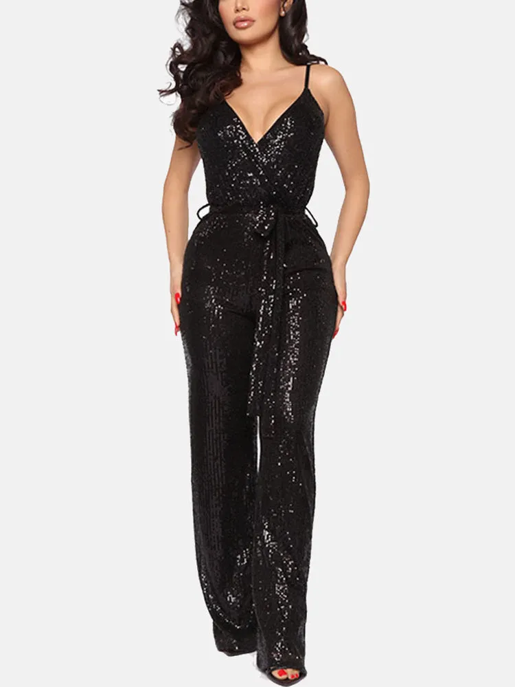 Sequin Sleeveless Belted Jumpsuit