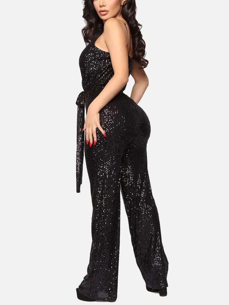 Sequin Sleeveless Belted Jumpsuit