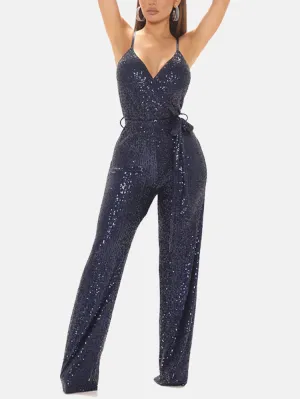 Sequin Sleeveless Belted Jumpsuit