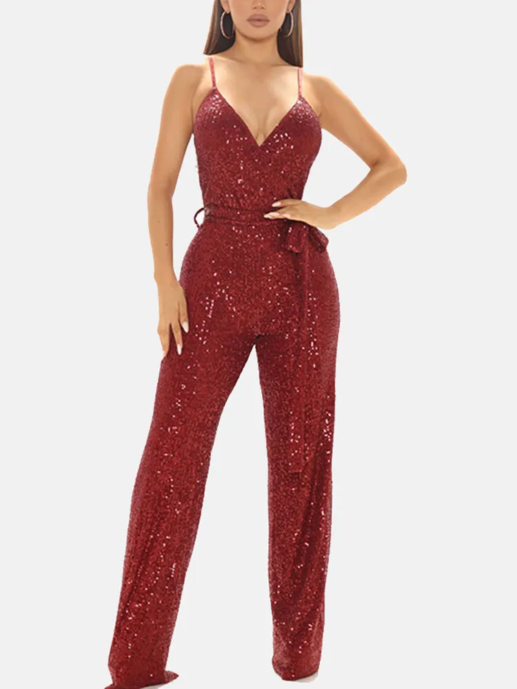 Sequin Sleeveless Belted Jumpsuit