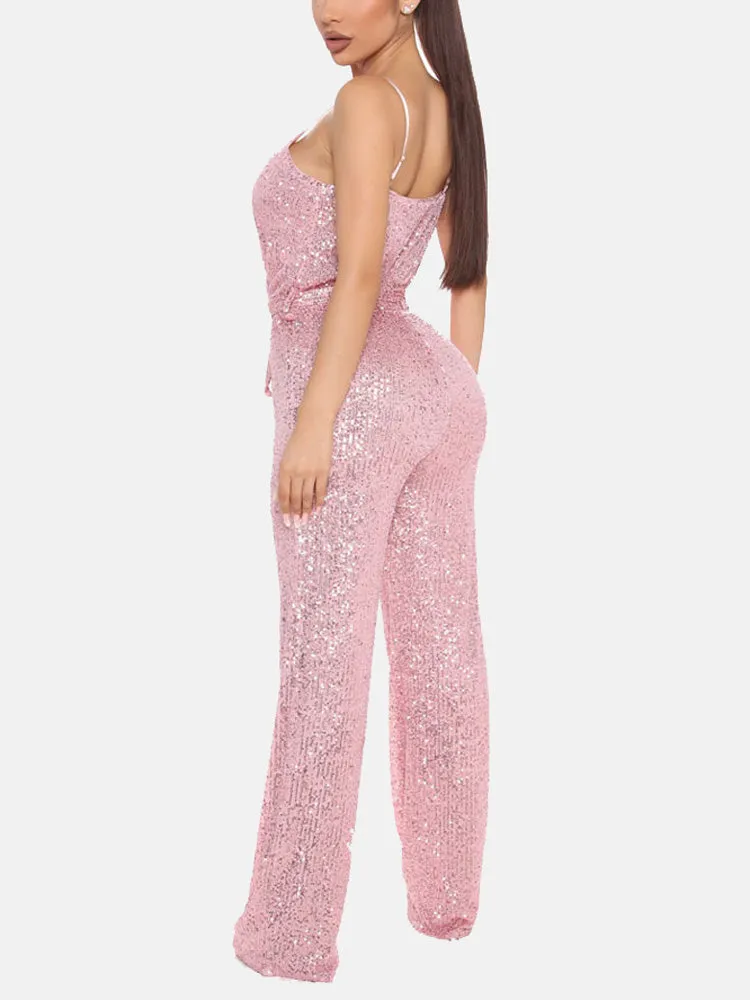 Sequin Sleeveless Belted Jumpsuit