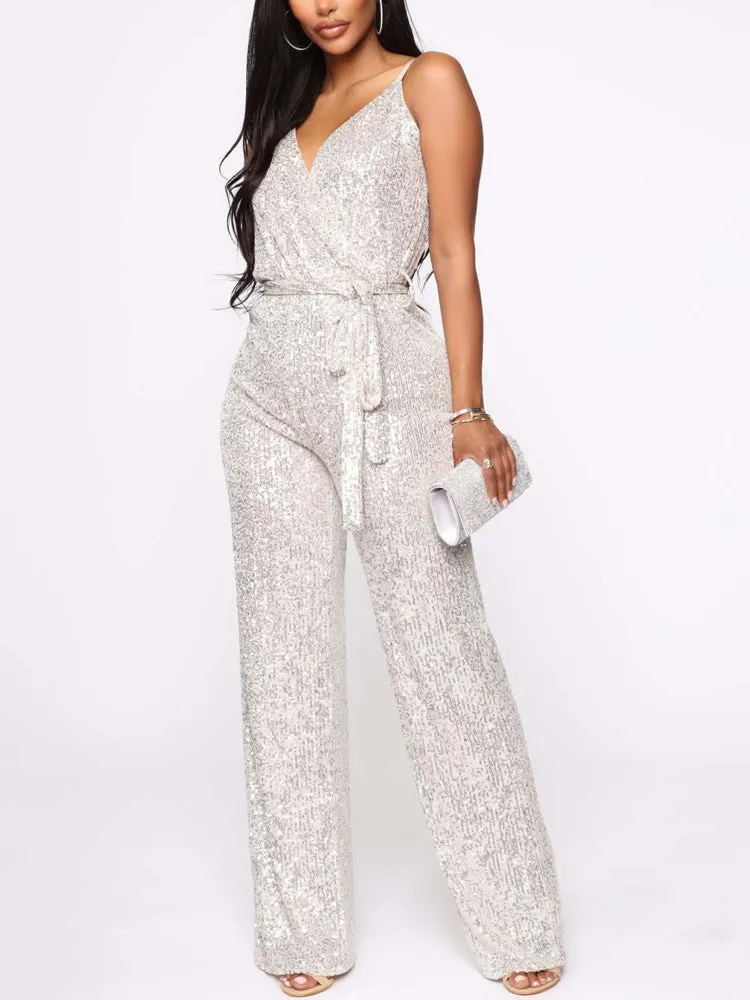 Sequin Sleeveless Belted Jumpsuit
