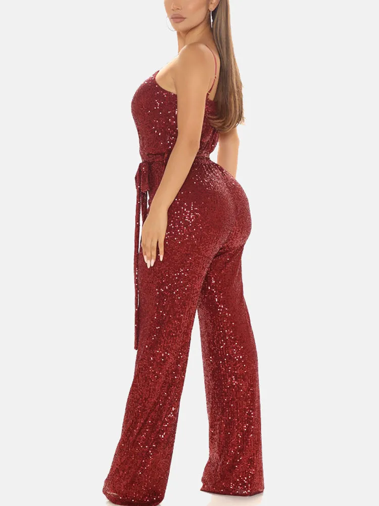 Sequin Sleeveless Belted Jumpsuit