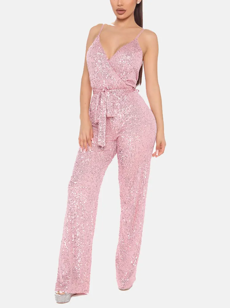 Sequin Sleeveless Belted Jumpsuit