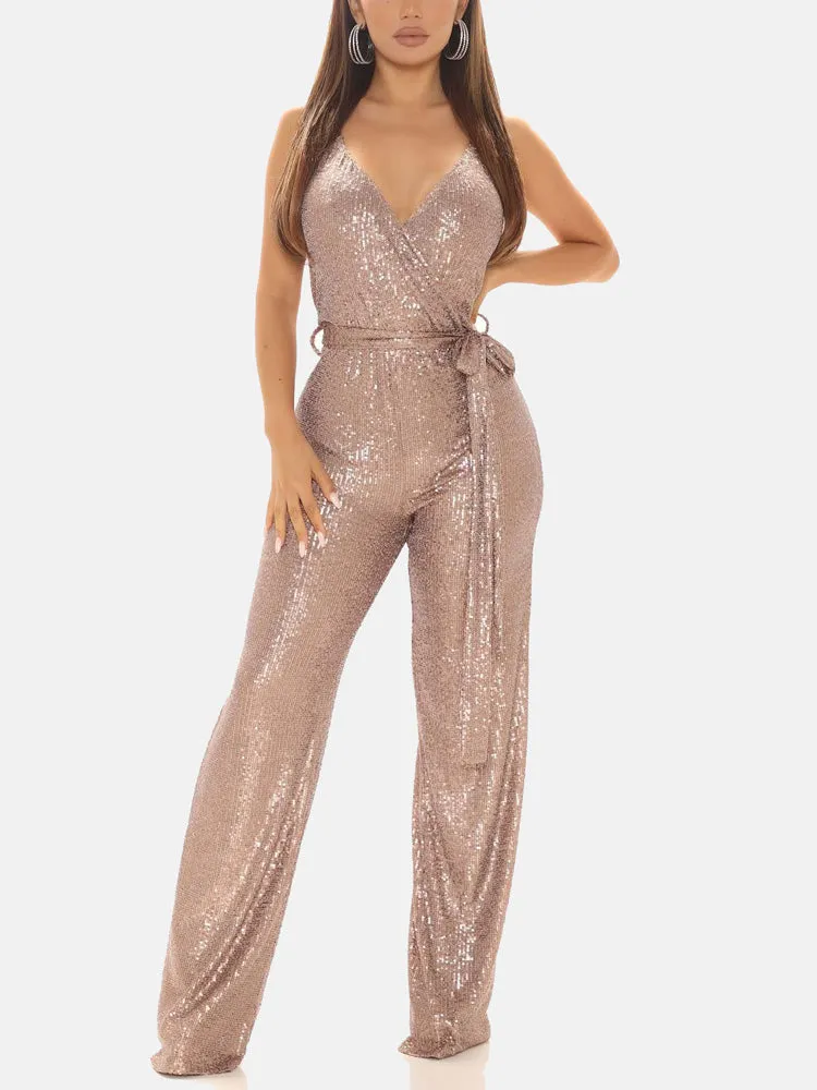 Sequin Sleeveless Belted Jumpsuit