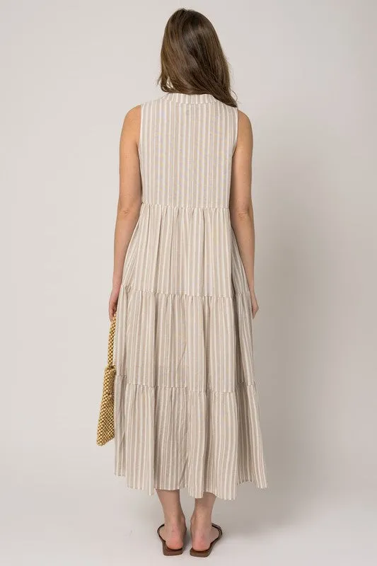 SLEEVELESS BUTTON DOWN SHIRRING STRIPE MAXI DRESS