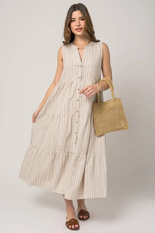 SLEEVELESS BUTTON DOWN SHIRRING STRIPE MAXI DRESS