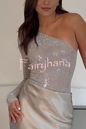 Solid Color Sequined One-shoulder Slim-fit Rompers