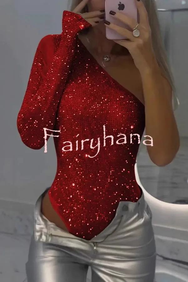 Solid Color Sequined One-shoulder Slim-fit Rompers