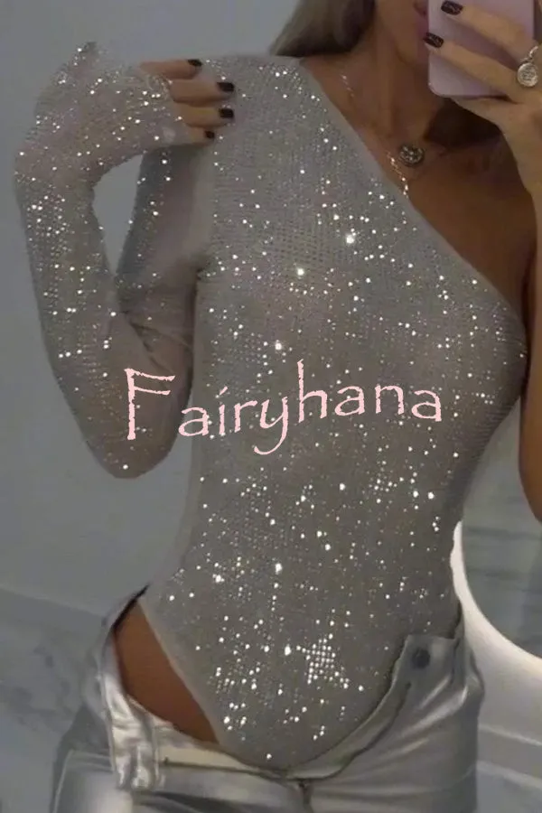 Solid Color Sequined One-shoulder Slim-fit Rompers