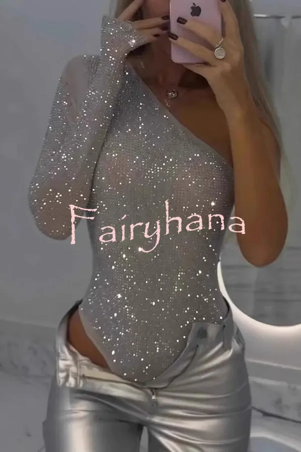 Solid Color Sequined One-shoulder Slim-fit Rompers