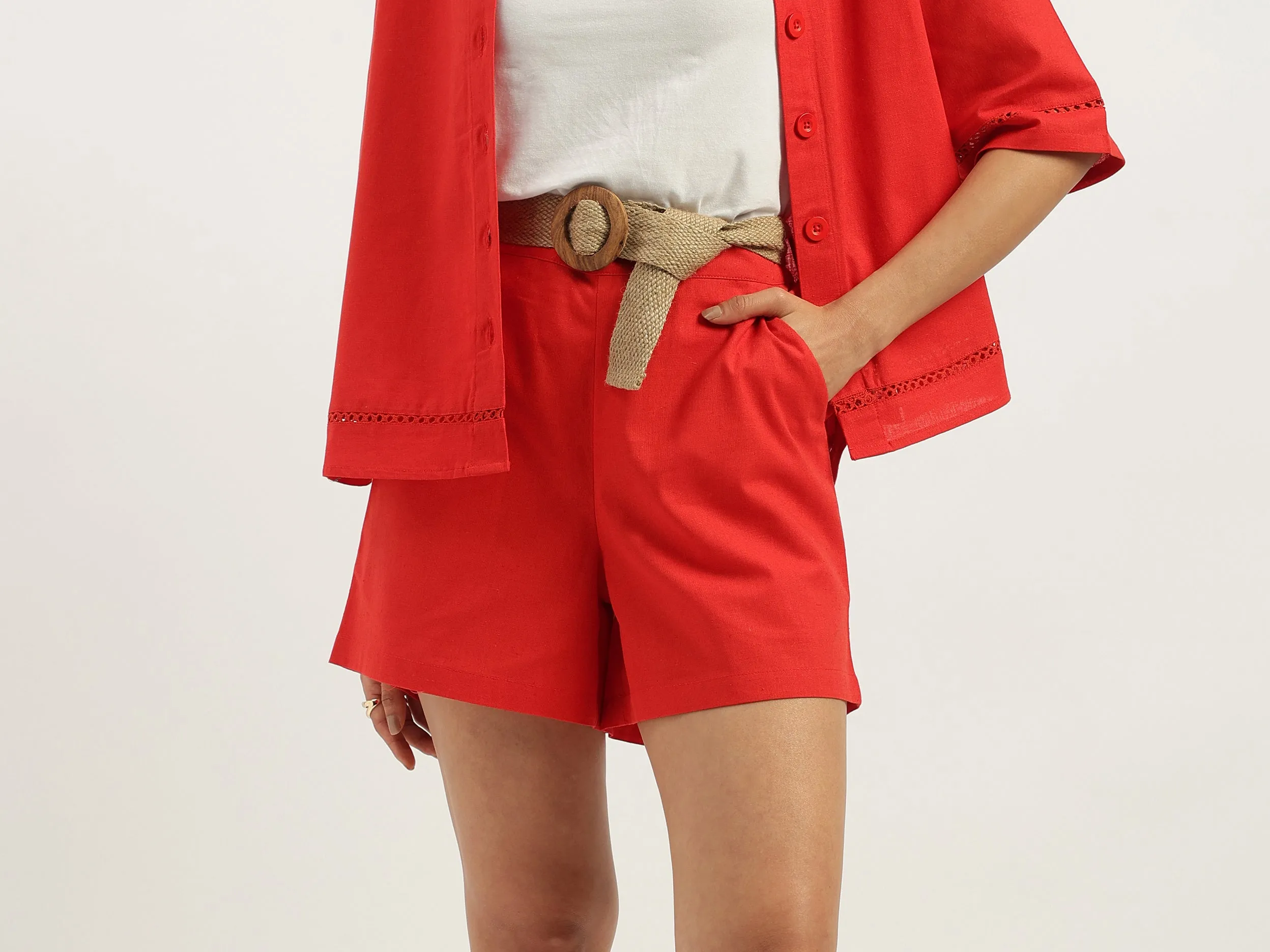 Solid Regular Fit Belted Shorts