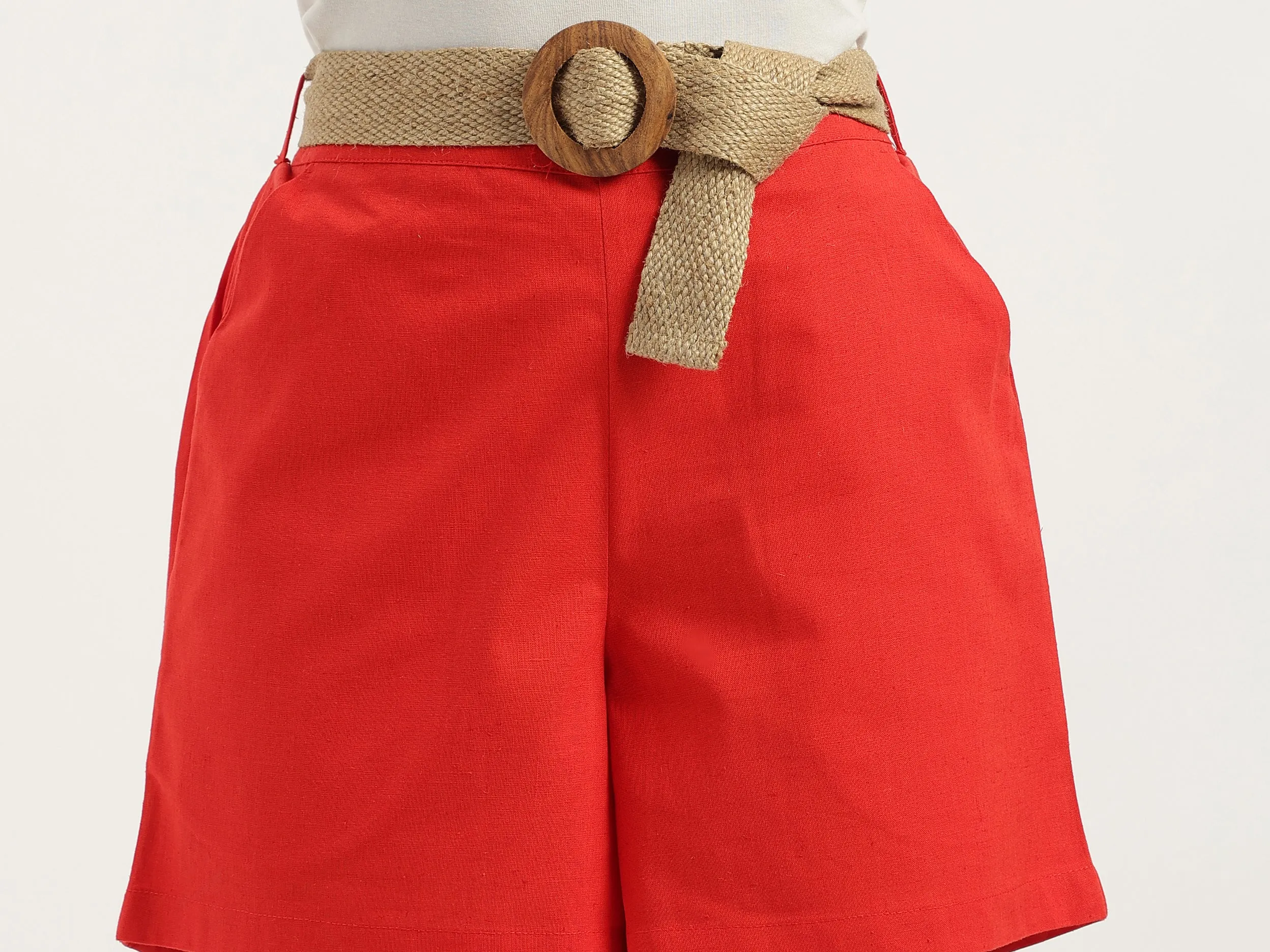 Solid Regular Fit Belted Shorts