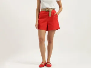 Solid Regular Fit Belted Shorts