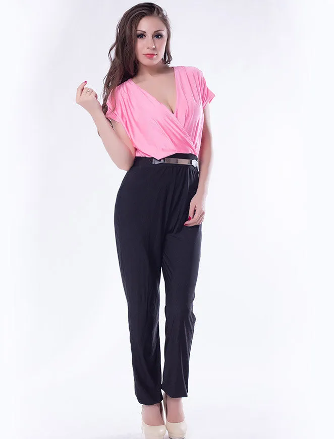 solid v-neck full length bodysuit high belted high-waist romper elegant jumpsuit