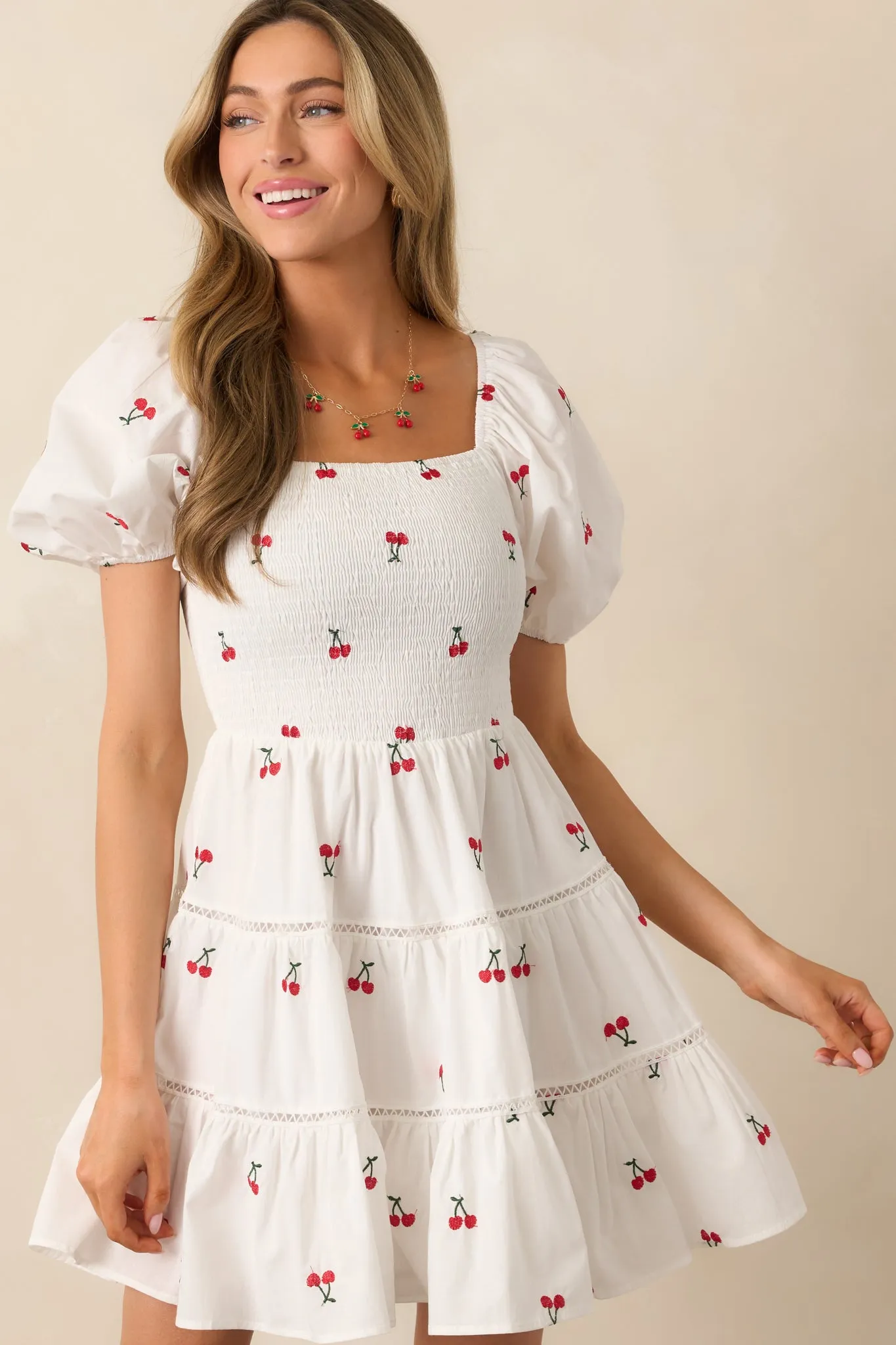 Spending Time White Cotton Cherry Embroidered Mini Dress
