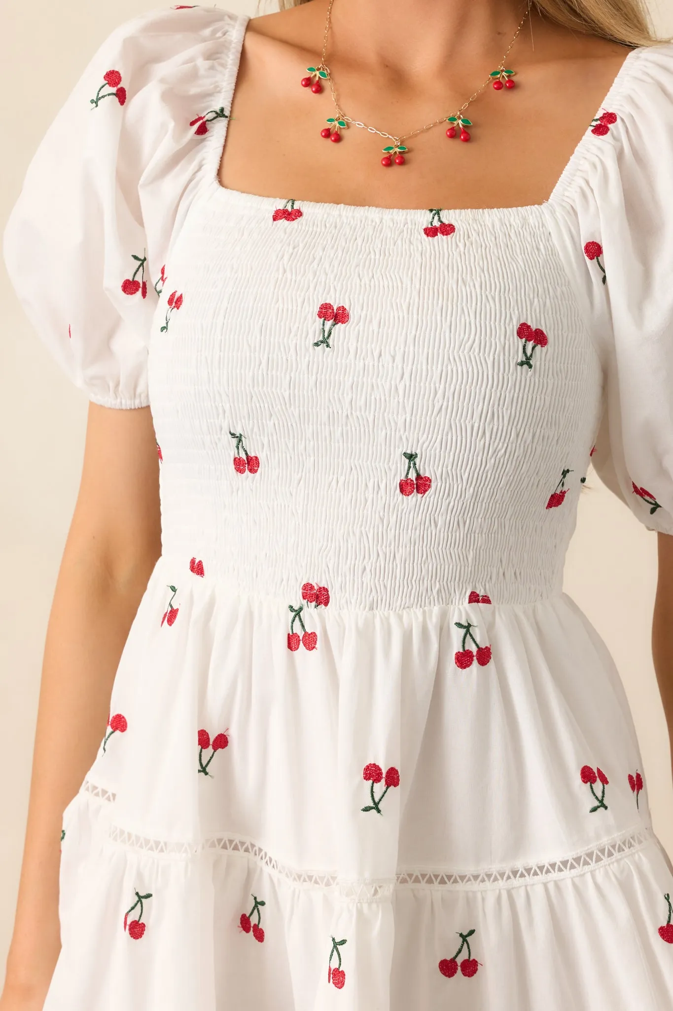Spending Time White Cotton Cherry Embroidered Mini Dress