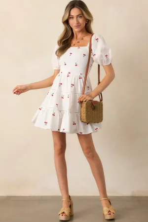 Spending Time White Cotton Cherry Embroidered Mini Dress