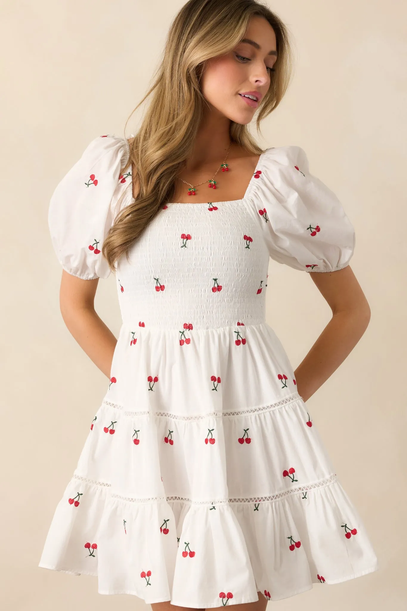 Spending Time White Cotton Cherry Embroidered Mini Dress