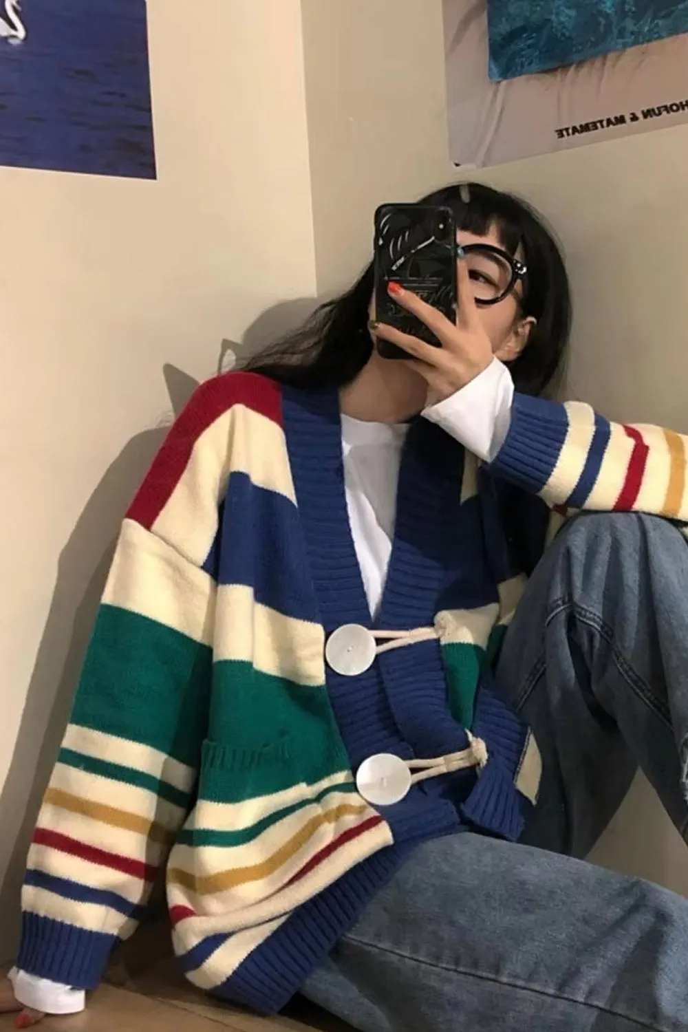 Striped V-Neck Tie Button Cardigan Sweater