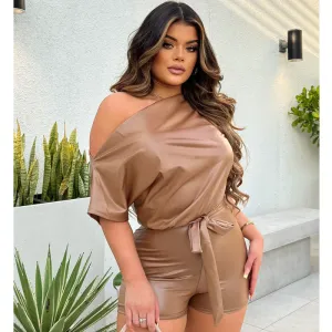 Sultry Sway Leather Off-Shoulder Belted Romper