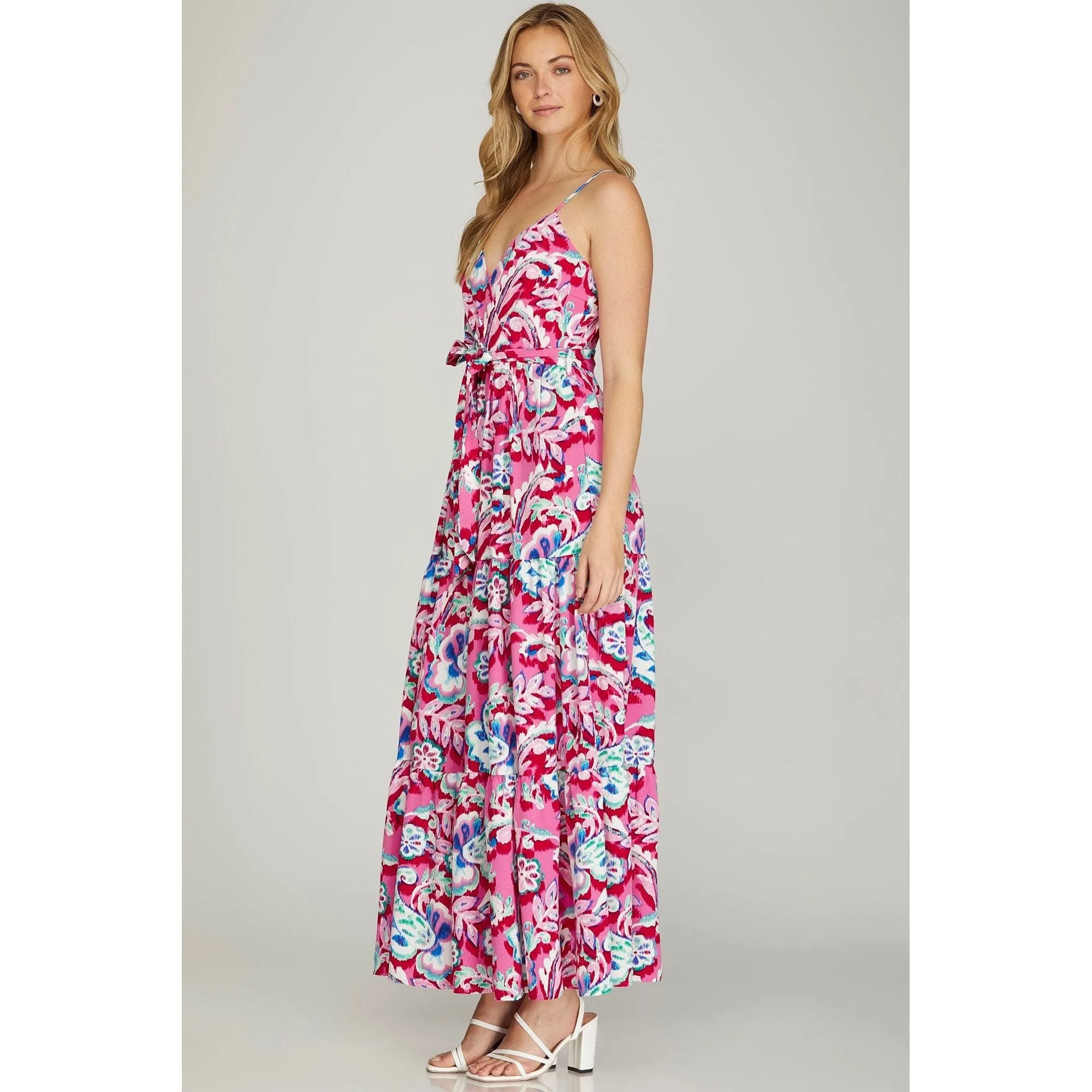 Surplice Cami Print Tiered Maxi Dress