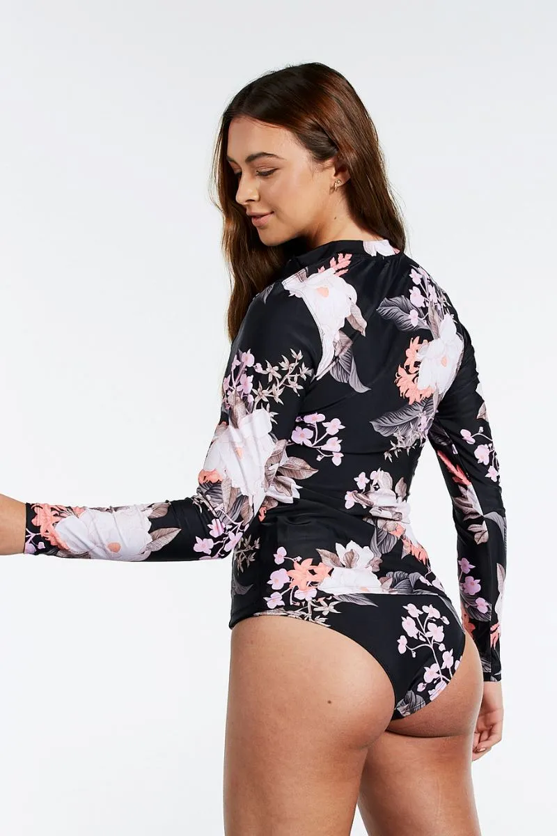 Sustainable Womens Rashie in Cali Tropics Black