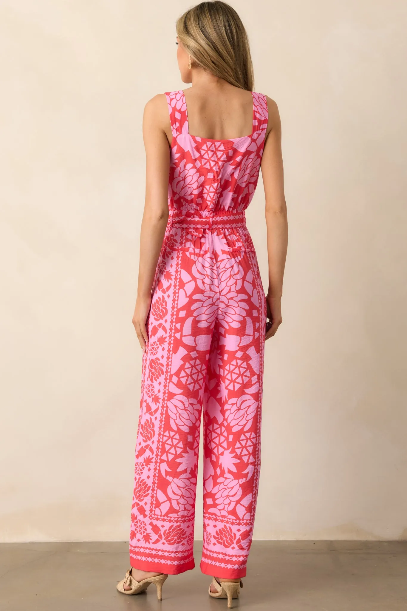 Take The Leap Coral Pink Floral Button Front Belted Jumpsuit