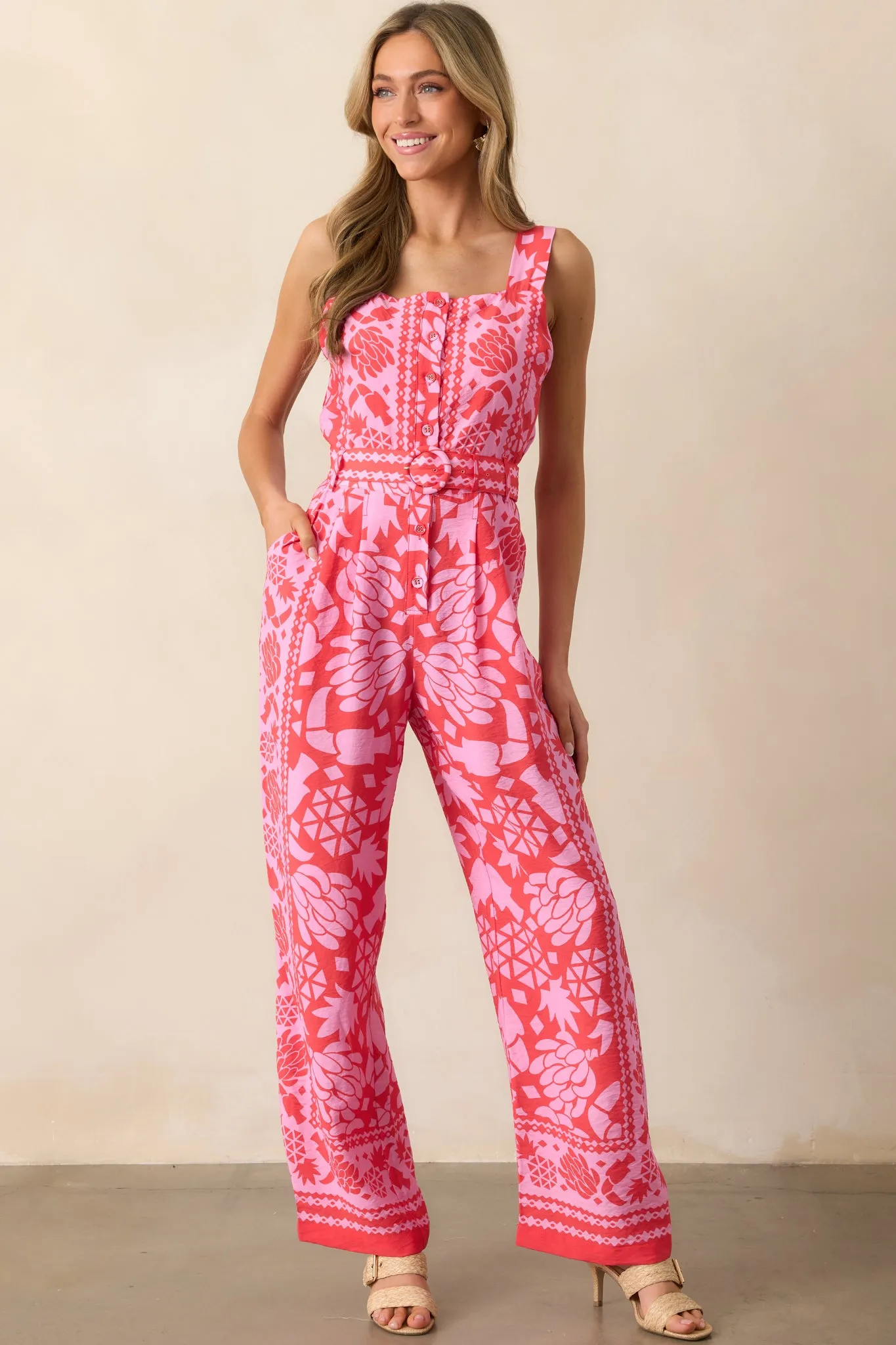 Take The Leap Coral Pink Floral Button Front Belted Jumpsuit