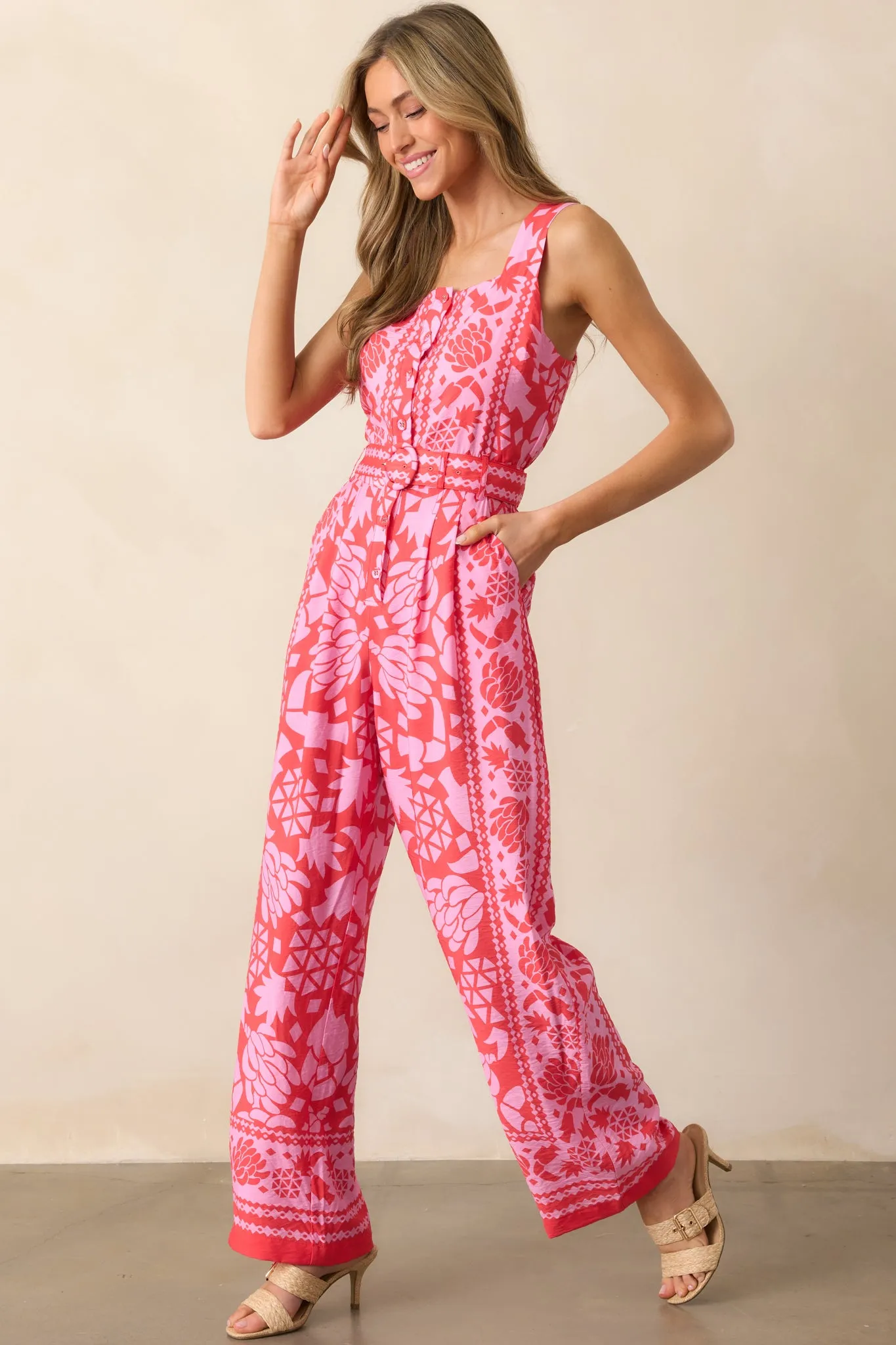 Take The Leap Coral Pink Floral Button Front Belted Jumpsuit