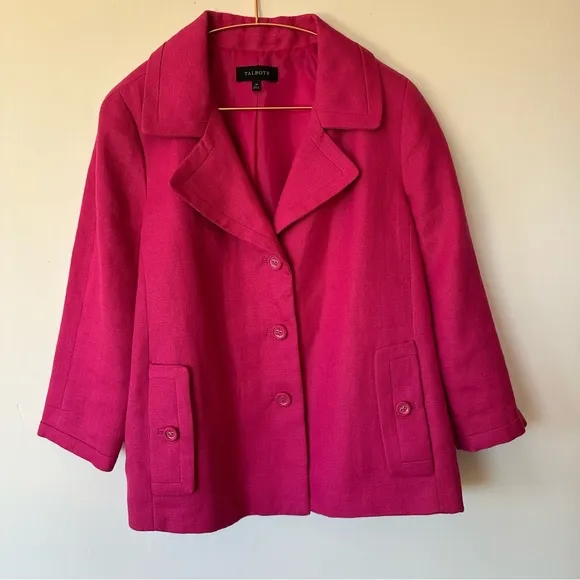 Talbots Linen Jacket Women's Size 14 Pink Jackie Fit 3-Button Lined Pockets