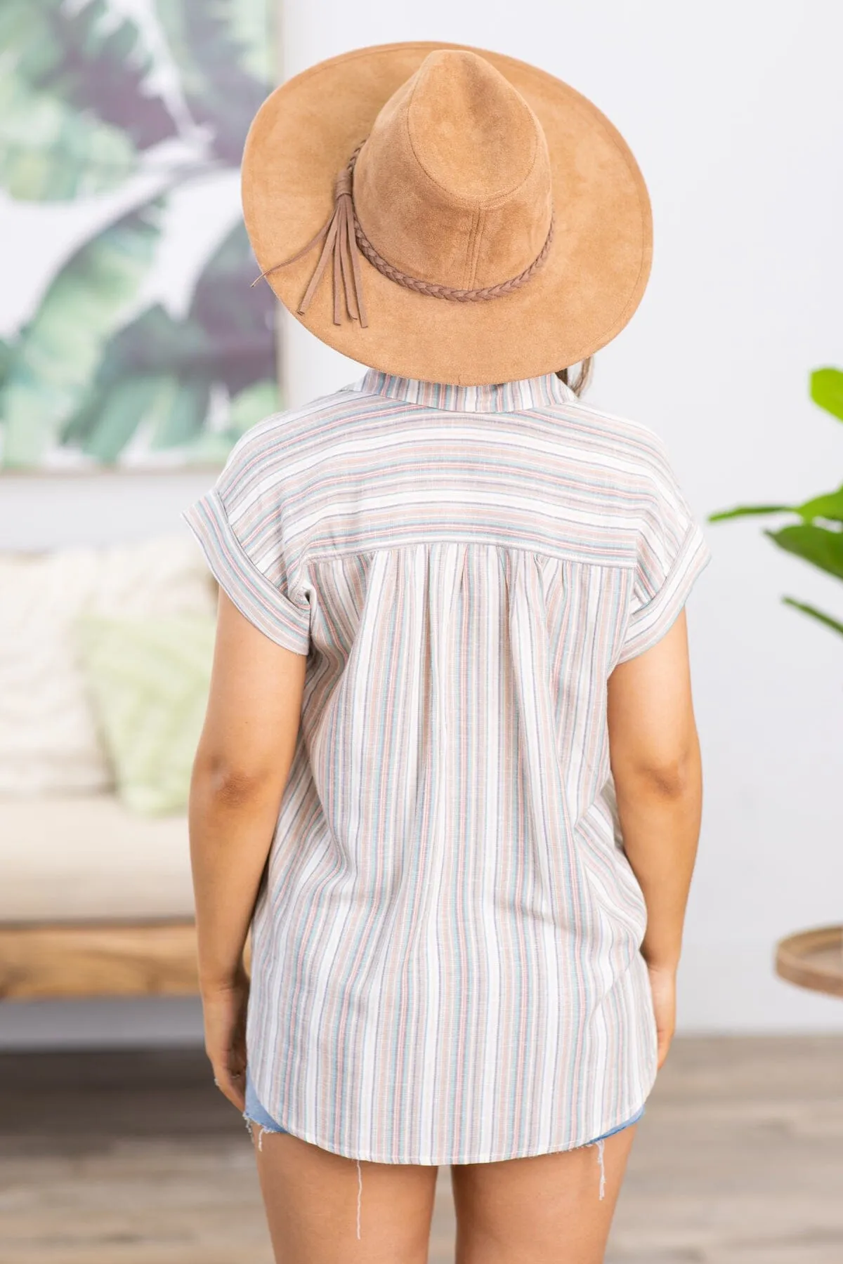 Taupe Multicolor Stripe Button Up Top
