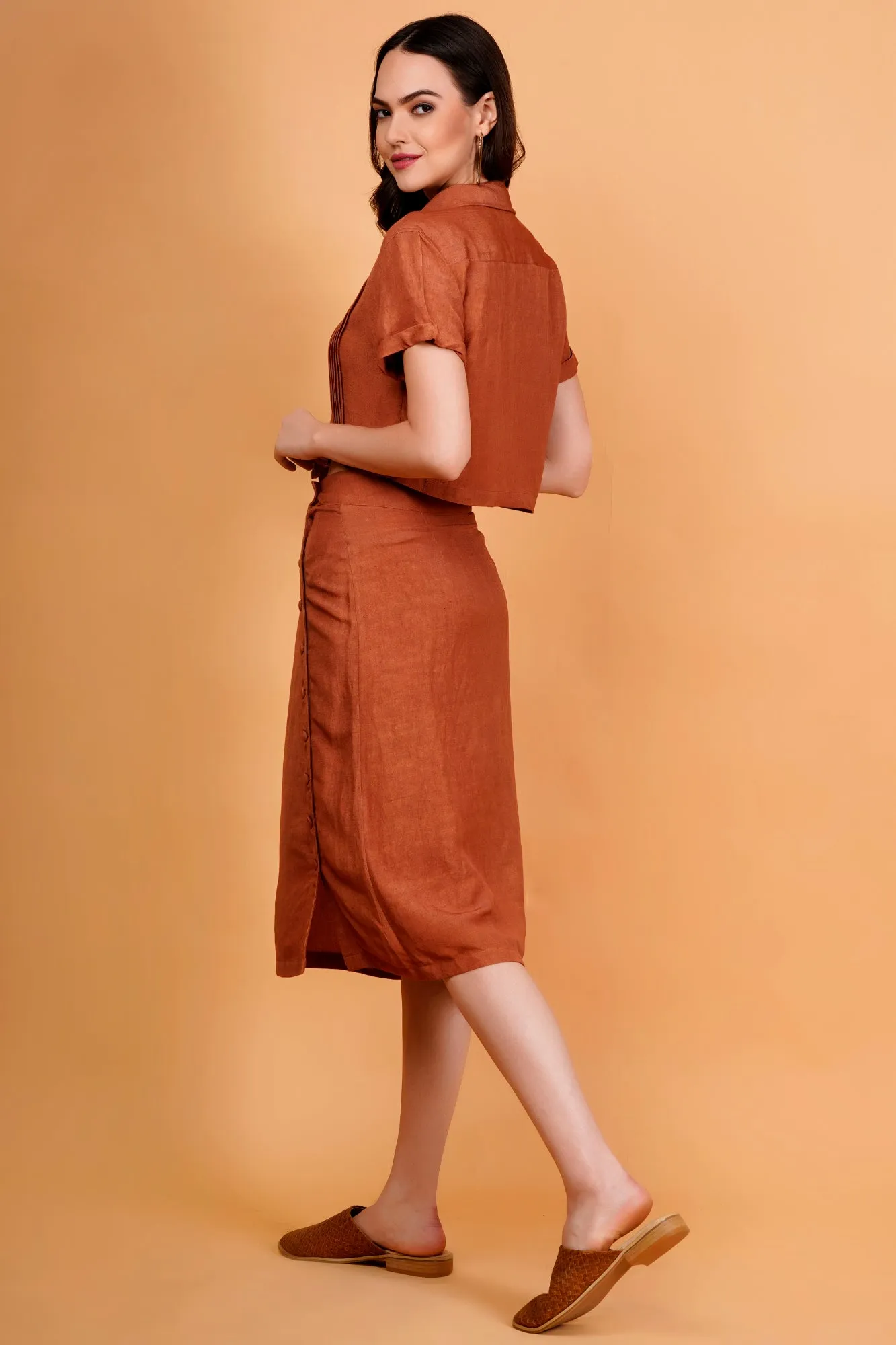 Terracotta Solid Linen Blend Button Front Midi Skirt