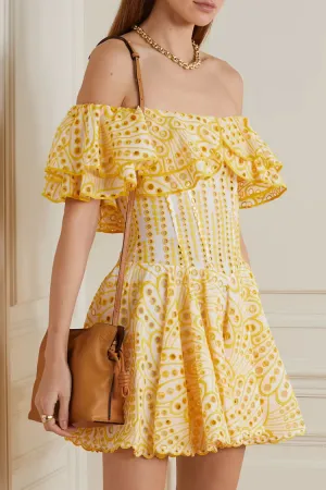 Tiered Off Shoulder Broderie Anglaise Ruffle Mini Dress - Yellow