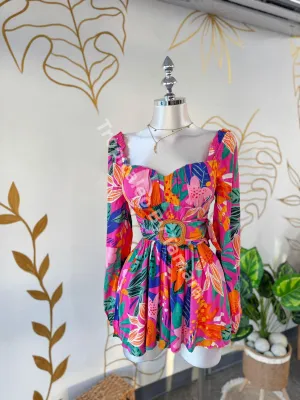 Tropical Long Sleeve Waist Belted Romper