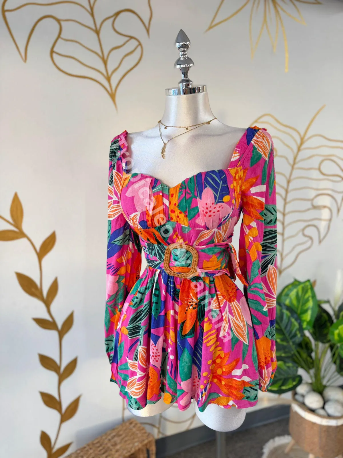 Tropical Long Sleeve Waist Belted Romper