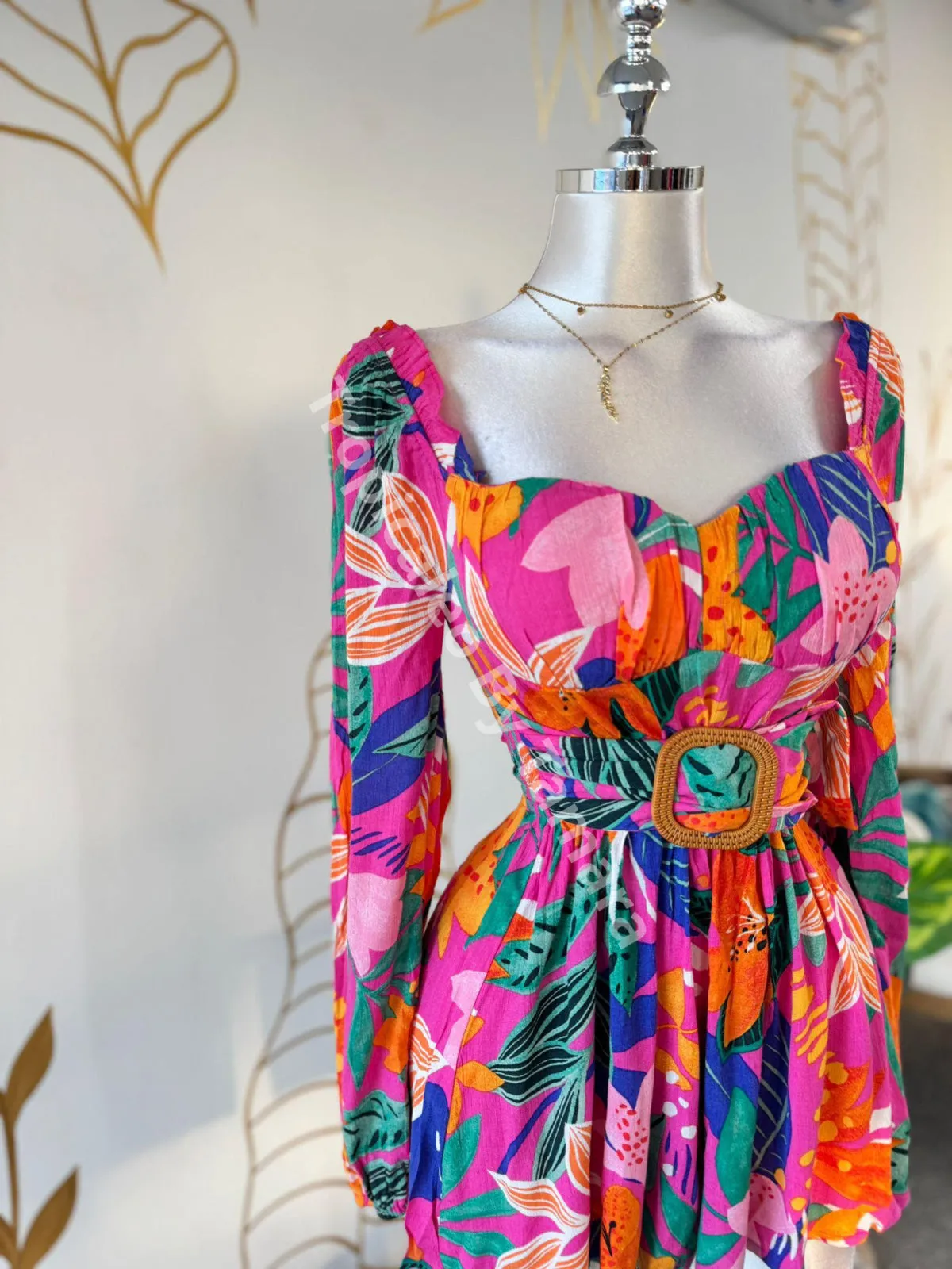 Tropical Long Sleeve Waist Belted Romper