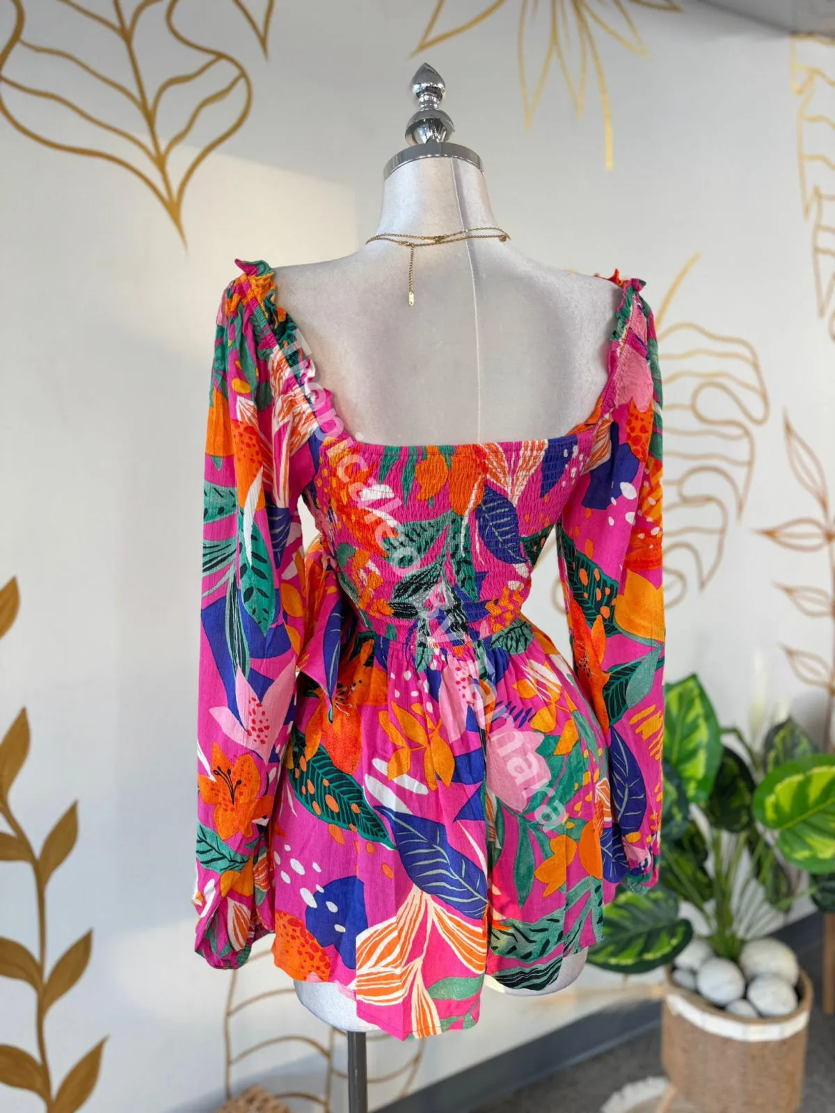 Tropical Long Sleeve Waist Belted Romper