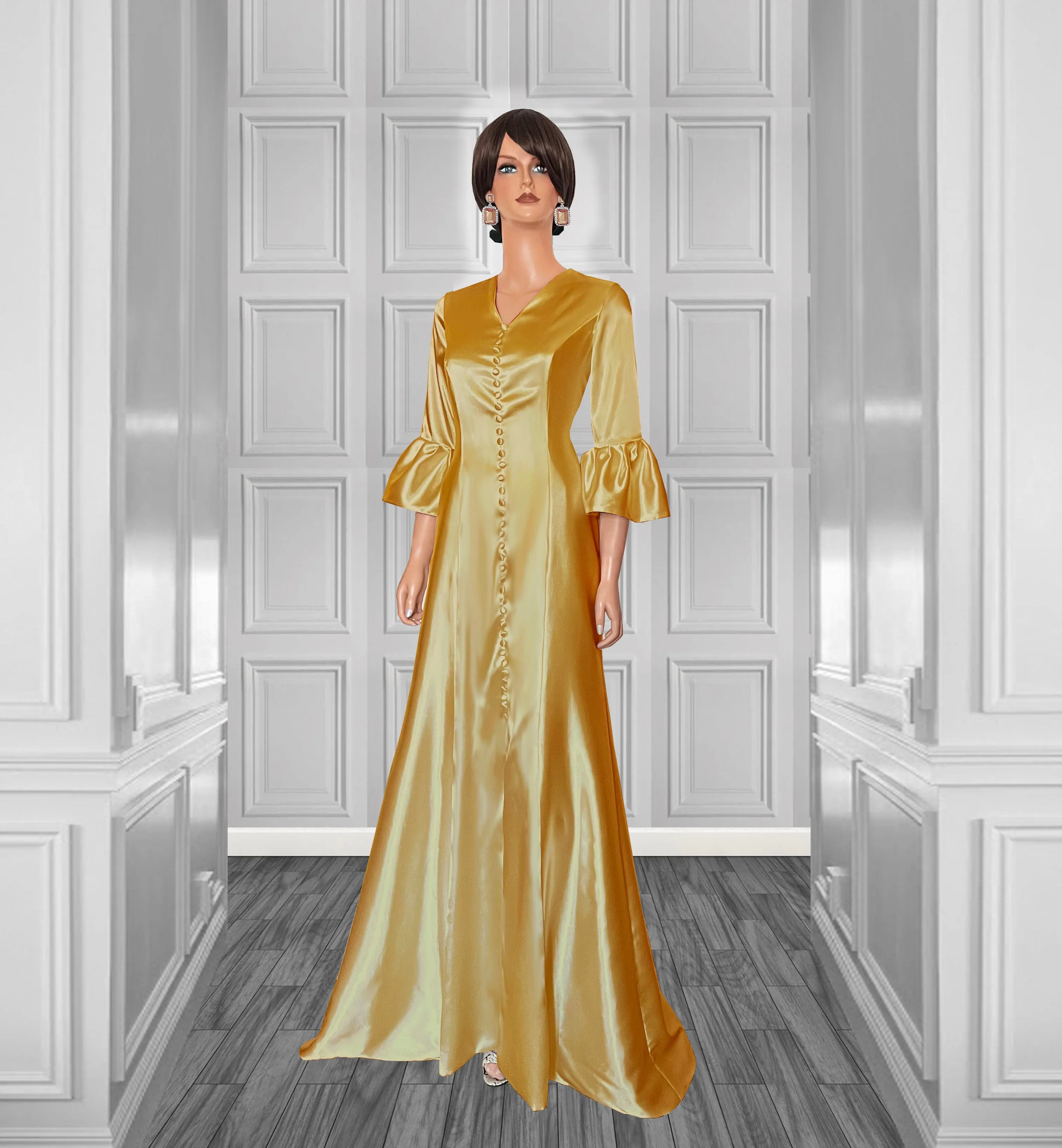 Twilight Satin Wedding Gown with Flounce Sleeves