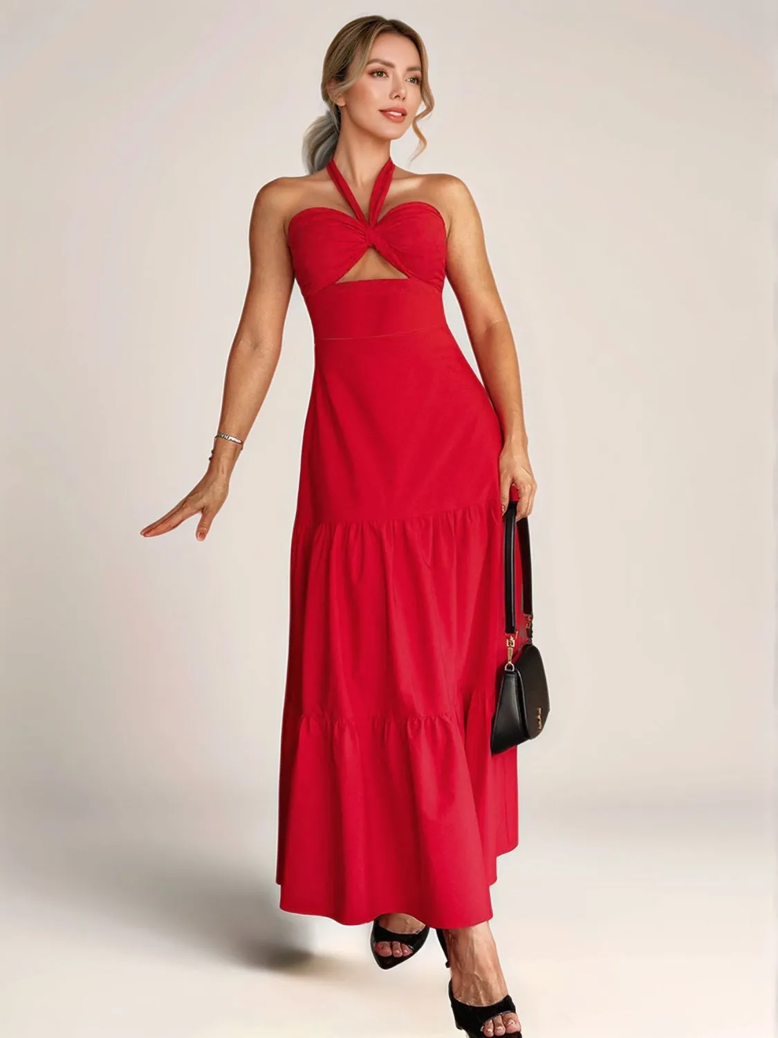 Twist Front Cutout Tiered Maxi Dress