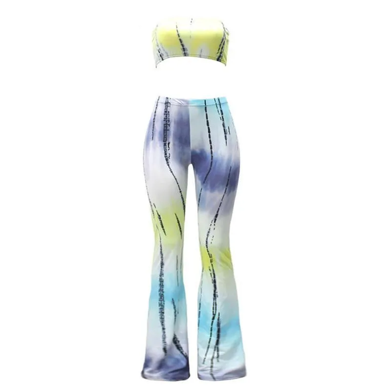 two piece gradient print flare pants women jumpsuit Off shoulder casual jumpsuit romper Plus size sexy jumpsuit
