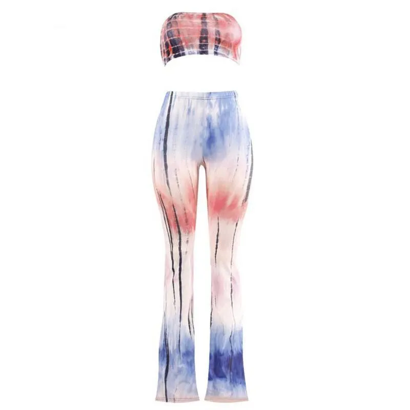two piece gradient print flare pants women jumpsuit Off shoulder casual jumpsuit romper Plus size sexy jumpsuit