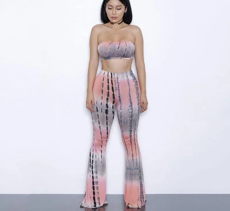 two piece gradient print flare pants women jumpsuit Off shoulder casual jumpsuit romper Plus size sexy jumpsuit