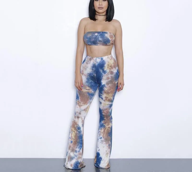 two piece gradient print flare pants women jumpsuit Off shoulder casual jumpsuit romper Plus size sexy jumpsuit