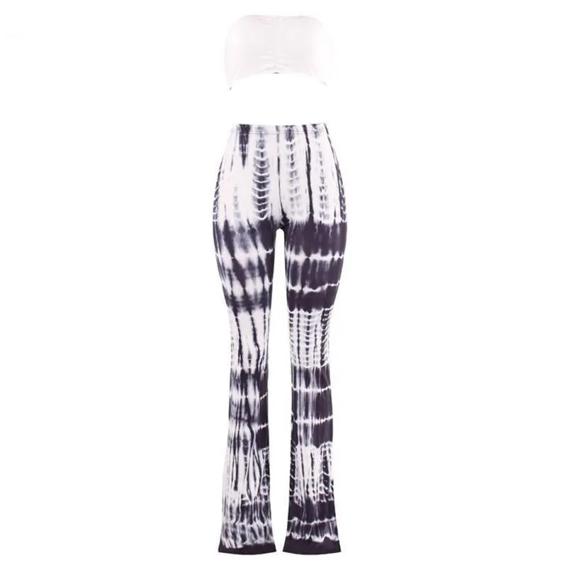 two piece gradient print flare pants women jumpsuit Off shoulder casual jumpsuit romper Plus size sexy jumpsuit
