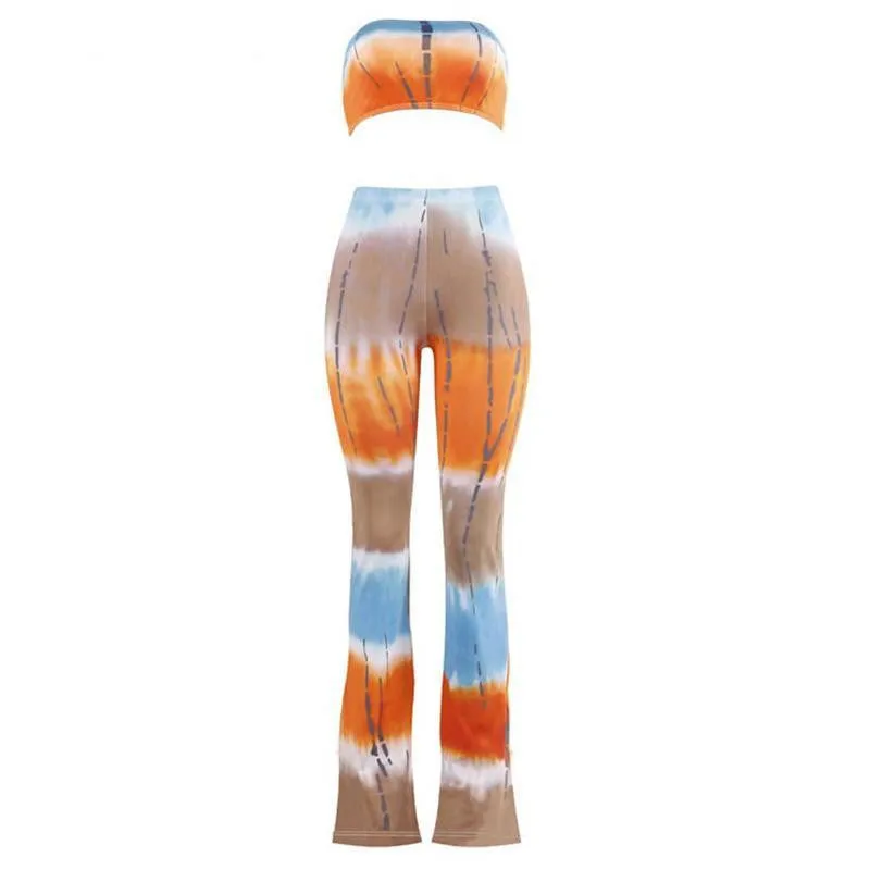 two piece gradient print flare pants women jumpsuit Off shoulder casual jumpsuit romper Plus size sexy jumpsuit