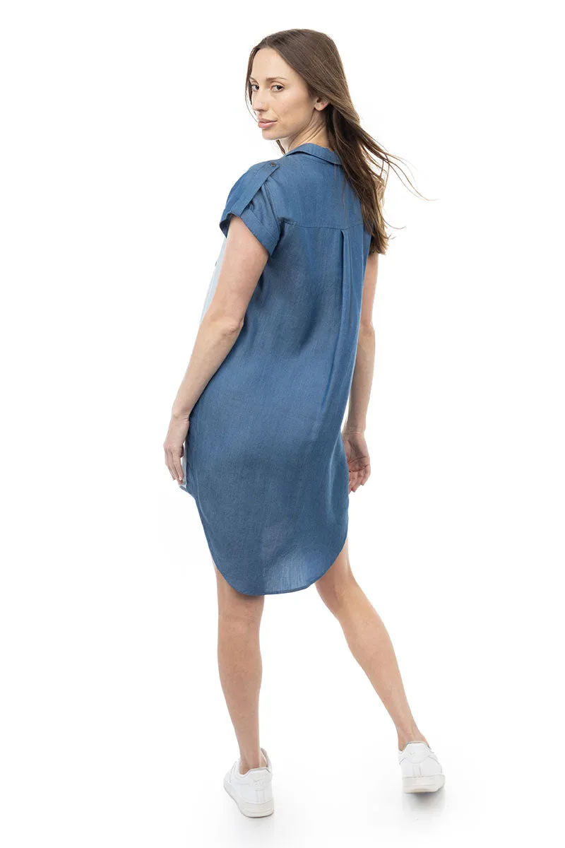Two Tone Short Sleeve Hi-low Button Front Dress