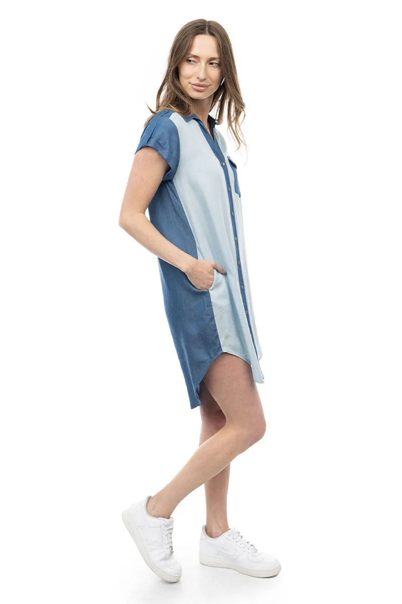 Two Tone Short Sleeve Hi-low Button Front Dress